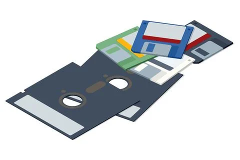 An isometric set of 3.5-inch floppy diskettes, a key piece of vintage computer 스톡 일러스트