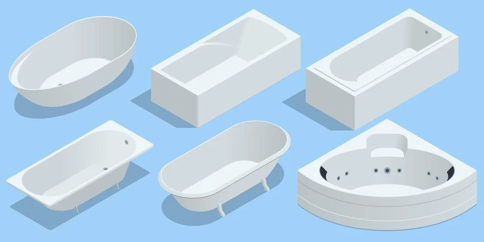 Isometric set of bathtubs for interior design plan. Modern bath isolated on Stock Illustration