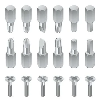 Isometric set of bits for screwdriver isolated on white background. . Metal bits Stock Illustration