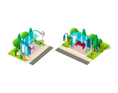 Isometric set bus station Stock Illustration
