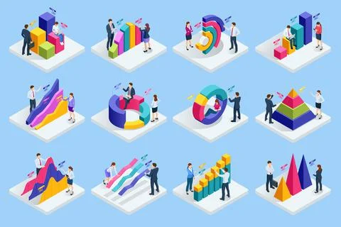 Isometric set of business analysis, analytics, research, strategy statistic Illustrazione stock