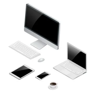 Isometric set of computer, open laptop (notebook), tablet pc and smartphone Stock Illustration