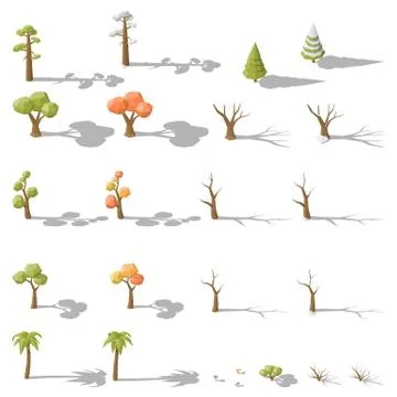 Isometric set of different low poly trees and shrubs Stock Illustration