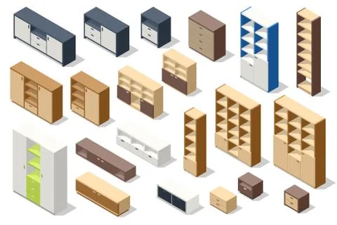 Isometric set of different stylish commodes and modern wardrobes isolated on Illustration