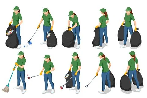 Isometric set of female cleanup worker poses with trash bag, broom and litter Stock Illustration