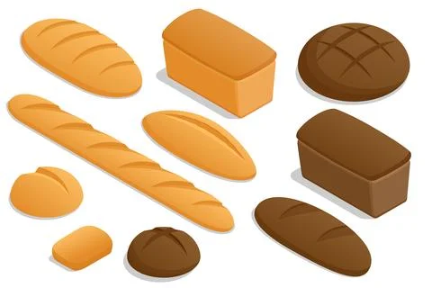 Isometric set of Fresh Crusty Breads. Whole grain rye and wheat bread. Homemade Illustrazione stock