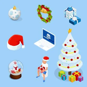 Isometric set of graphic elements for Christmas cards. New Year elements. Stock Illustration