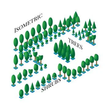 Isometric set of green trees and bushes in the flat is 3D styles to design icons Stock Illustration