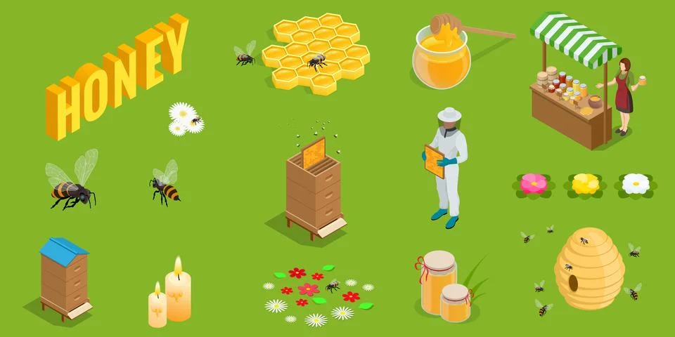 Isometric set icons of beekeeper inspecting a hive, honey jars on market stand Stock Illustration
