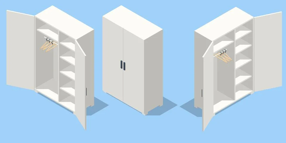 Isometric set icons of large empty wardrobes. Empty white wardrobe and hangers Stock Illustration