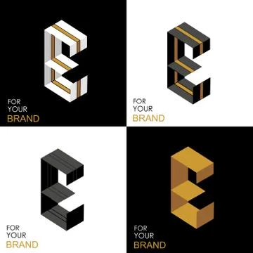 Isometric set letter E. Black, white, gold palette. From stripes, lines. Temp Stock Illustration