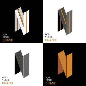 Isometric set letter N. Black, white, gold palette. From stripes, lines. Temp Stock Illustration