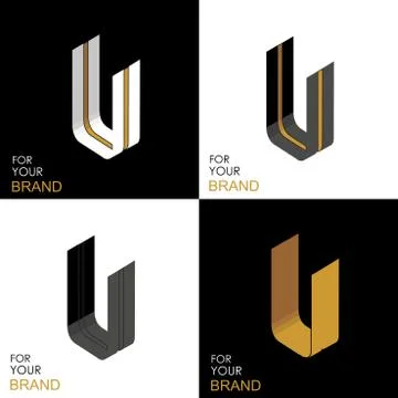 Isometric set letter U. Black, white, gold palette. From stripes, lines. Temp Stock Illustration