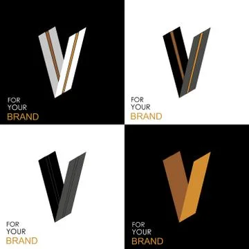 Isometric set letter V. Black, white, gold palette. From stripes, lines Stock Illustration
