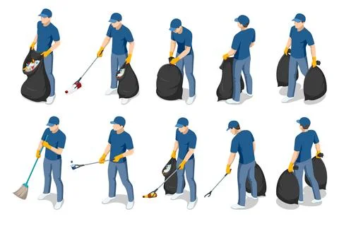 Isometric set of male cleanup worker poses with trash bag, broom and litter Stock Illustration