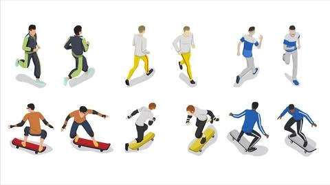 Isometric set of man people running and skateboarding pose activity Stock Illustration