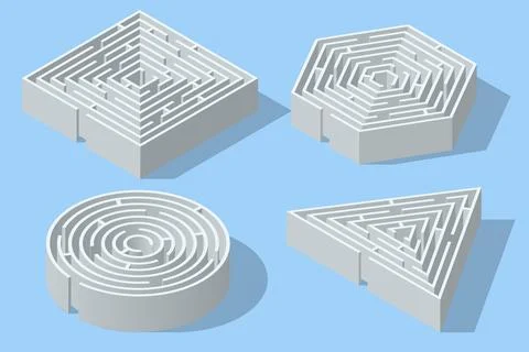 Isometric set of mazes in the form of a square, circle, hexagon and triangle. Stock Illustration