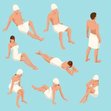 Isometric set of people in different poses for sauna design isolated on a light Stock Illustration