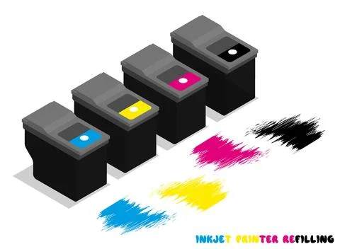Isometric set of plastic ink cartridges for office inkjet printers. Repair .. Stock Illustration