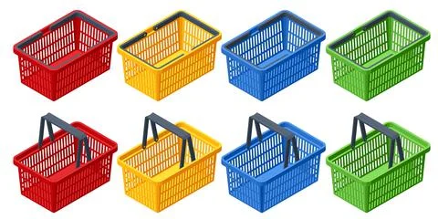 Isometric Set of plastic shopping baskets on white background. Red, yellow, blue Stock Illustration