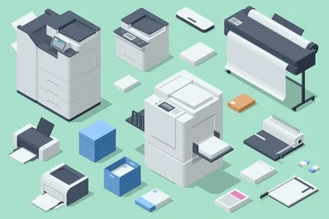 Isometric set of plotter, laminator, binder, cutter, risograph, laser printer Stock Illustration