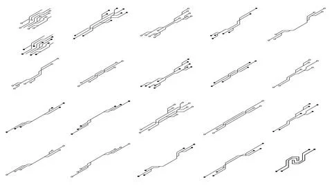 Isometric set of printed circuit board PCB tracks silhouettes isolated Illustrazione stock