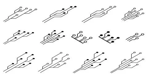 Isometric set of printed circuit board PCB tracks silhouettes isolated Stock Illustration