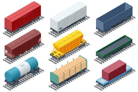 Isometric set of railway freight wagons. Tanker, hopper, boxcar for diverse Stock Illustration