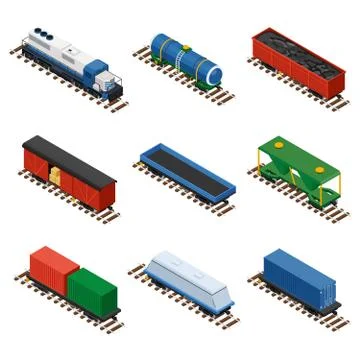 Isometric set of railway trains Stock Illustration