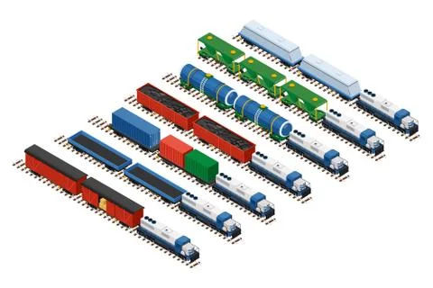 Isometric set of railway trains Stock Illustration