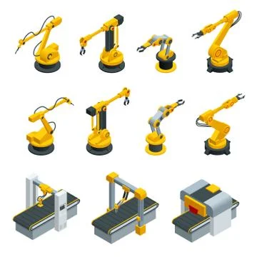 Isometric set of robotic hand machine tool at industrial manufacture factory Illustrazione stock