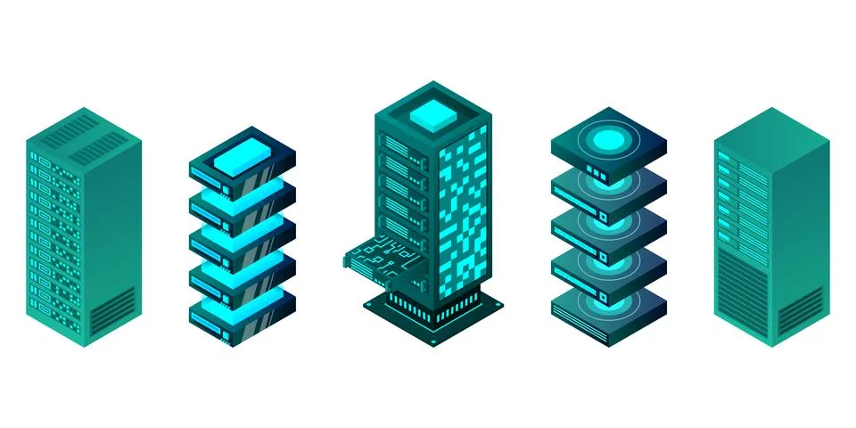 Isometric set server equipment isolated background Stock Illustration