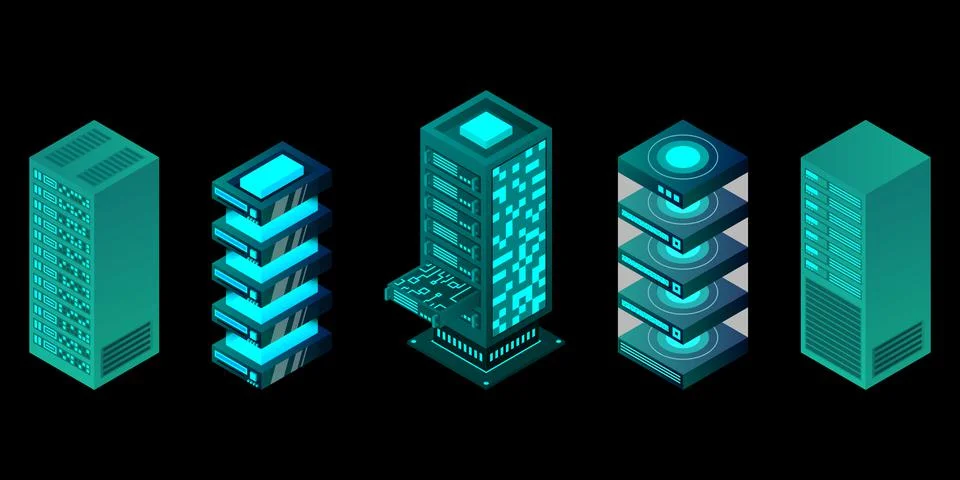 Isometric set server equipment isolated background Stock Illustration
