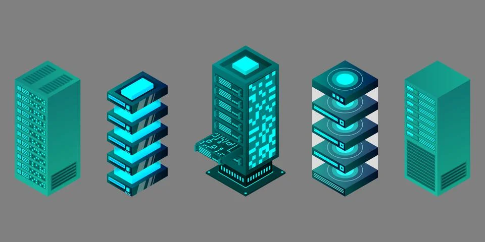 Isometric set server equipment isolated background Stock Illustration