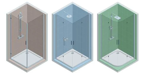 Isometric set of shower stall. Bathroom interior design with shower cabin Stock Illustration