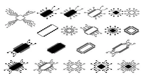 Isometric set of simple schematic chips and components for microcircuits Stock Illustration