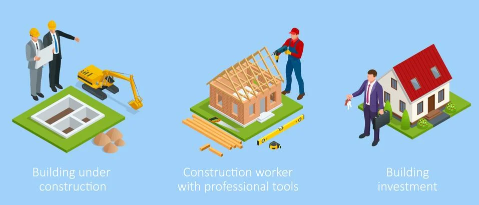 Isometric set stage-by-stage construction of a brick house. House building Stock Illustration