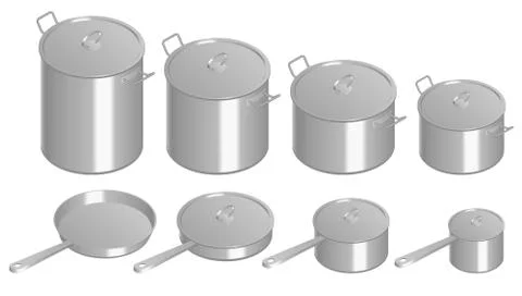 Isometric Set of stainless pots and pan with glass lids. Stainless steel pots Stock Illustration
