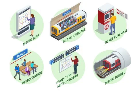 Isometric set Subway Elements. Turnstile ticket check, Enter to Metro, Escalator イラスト素材