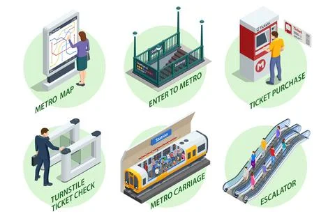 Isometric set Subway Elements. Turnstile ticket check, Enter to Metro, Escalator イラスト素材