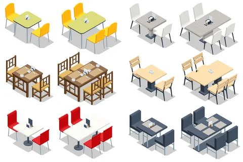 Isometric Set of Table and Chair Isolated on White Background. Fast Food Court Stock Illustration