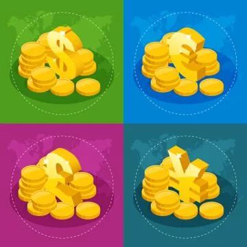 Isometric set of US Dollar, Euro, Great Britain Pound, Japanese Stock Illustration