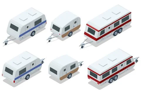 An isometric set of various camper vans, Camper trailer a towable mobile home Stock Illustration