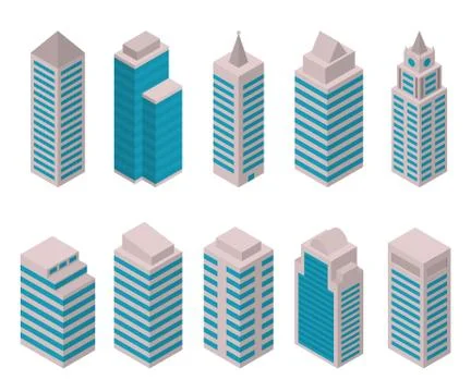 Isometric set of vector tall buildings on a white background. Stock Illustration