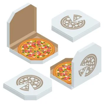 Isometric set of white pizza box template isolated on white background. Whole Stockillustratie