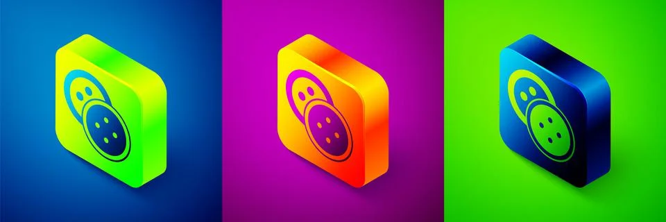 Isometric Sewing button for clothes icon isolated on blue, purple and green Stock Illustration