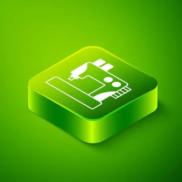 Isometric Sewing machine icon isolated on green background. Green square button Stock Illustration