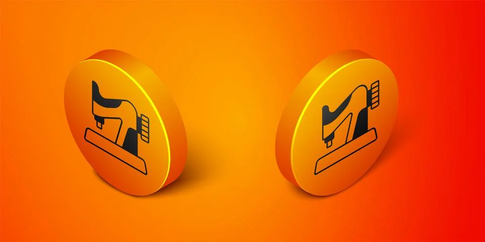 Isometric Sewing machine icon isolated on orange background. Orange circle Stock Illustration