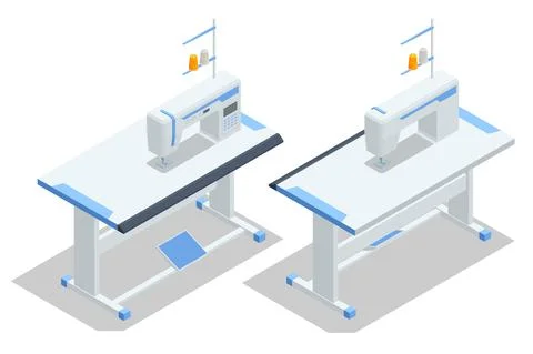 Isometric Sewing machine on table in tailor s workshop on a white background Stock Illustration