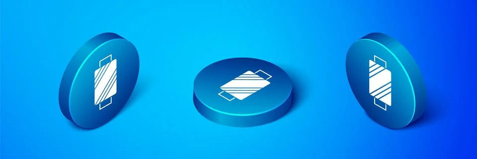 Isometric Sewing thread on spool icon isolated on blue background. Yarn spool Illustrazione stock